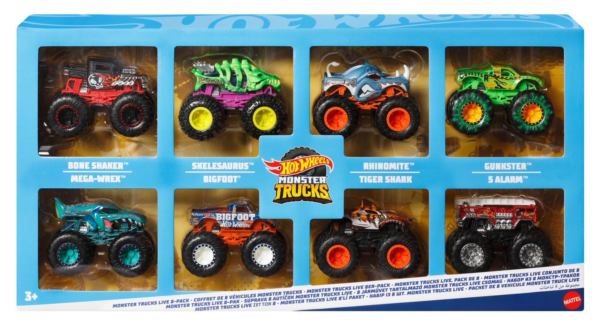 Hot Wheels Monster Trucks, Set aus 8 Die-Cast-Spielzeugtrucks im Maßstab 1:64 mit Hero und bei Fans beliebten Charakteren aus Monster Trucks Live und der YouTube-Serie, JCW76
