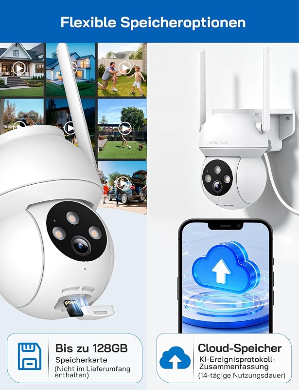 2K 3MP Überwachungskamera für den Außenbereich, 360° PTZ WLAN-Kamera, Farbnachtsicht, KI-Erkennung, Ton- und Lichtalarm, IP65 wetterfest, funktioniert mit Alexa und Google Home, Keine