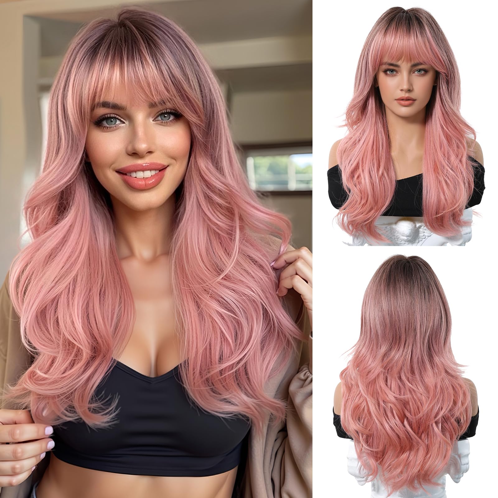 OUFEI Long Ombre Pink Wig With Curtain Bangs Natural Wavy Wigs for Women Natural Synthetic Hair Heat Resistant Wigs for Daily Party Cosplay Wear โ image 1