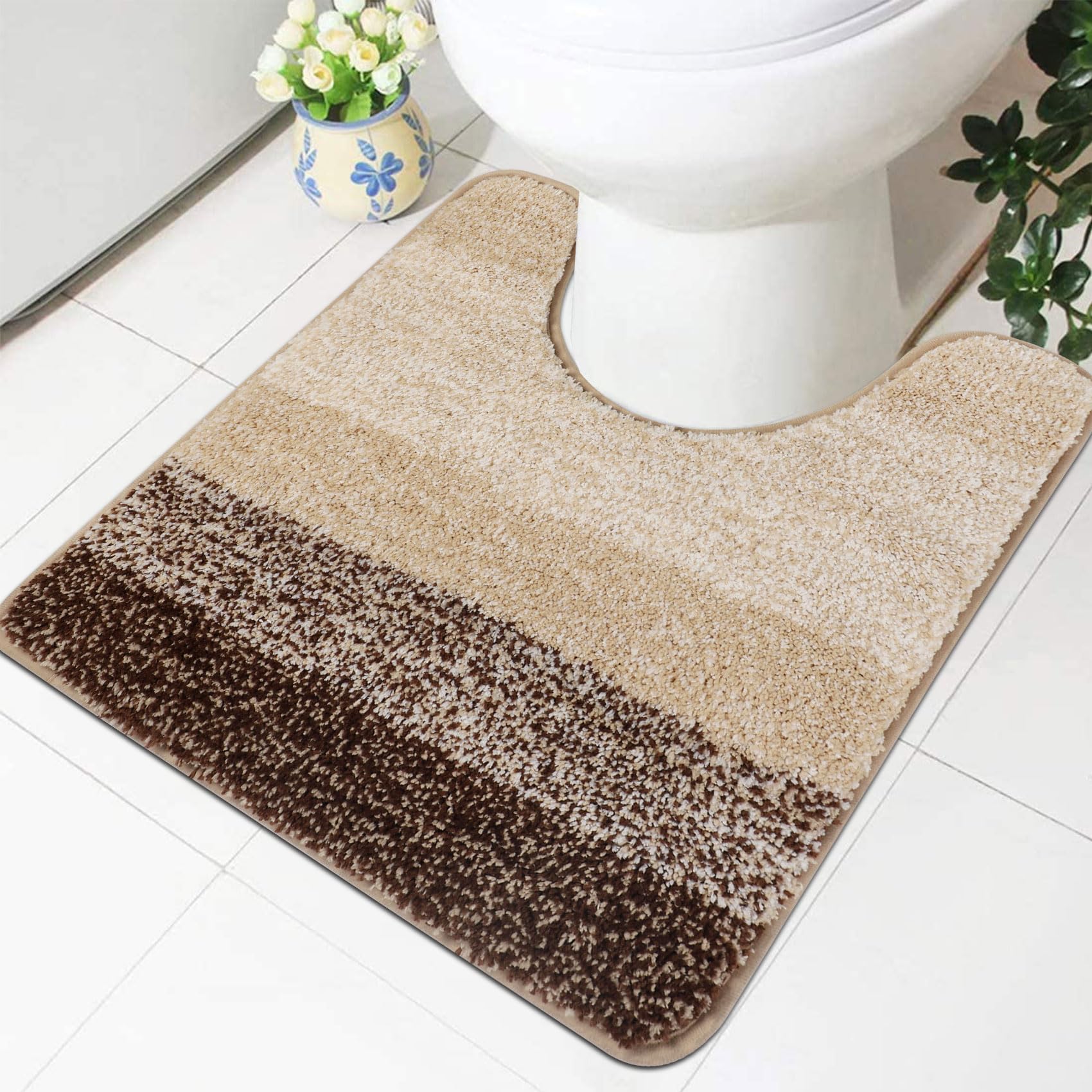Famibay WC Toliet Rug Non Slip Pedestal Mat for Toilet Super Absorbent U Shape Bath Mat Beige Toliet Mat Washable Bathroom Floor Mat for Toilet — image 1