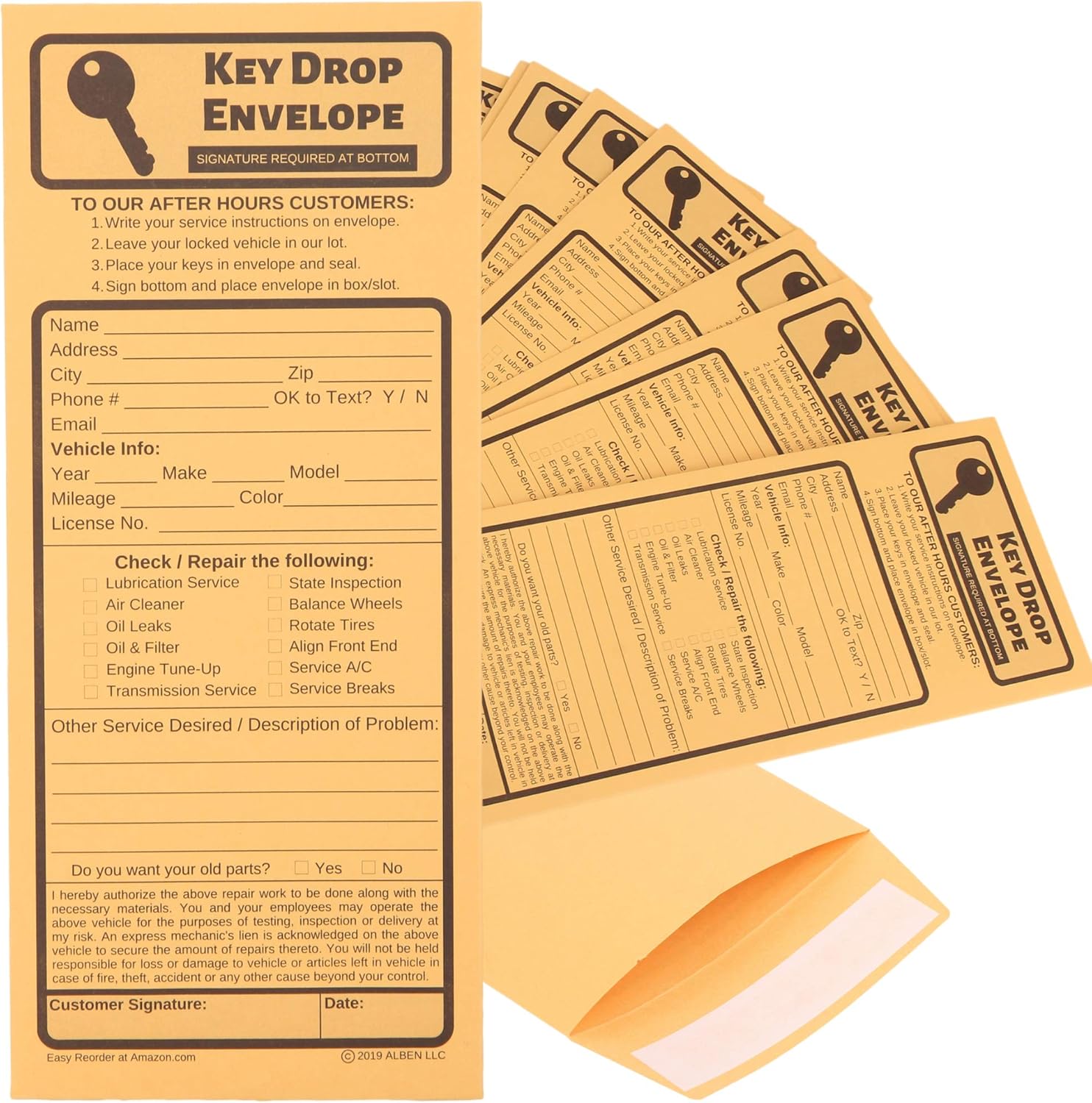 Key Drop Envelopes for After Hours Auto Shop Repair or