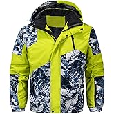 FTIMILD Men Winter Ski Jacket Waterproof High Visibility Fleece Lined Patchwork Hooded Coat