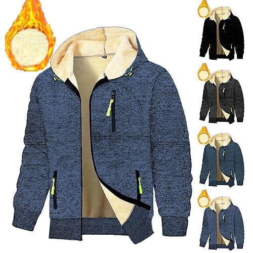 fleece jacket mens, Fleece Jacket Mens Full Zip, Fuzzy Sherpa Lined Long Sleeve Jackets Lightweight Comfy Fluffy Hoodies Winter Warm Faux Fur Coats Outdoor Work Outerwear (Navy-2, L)