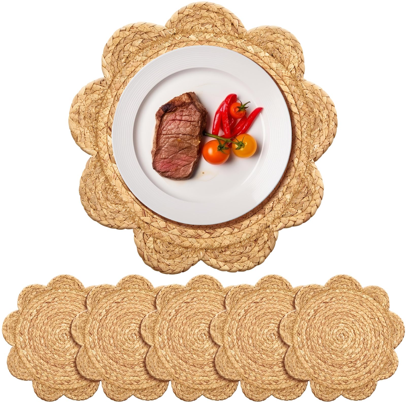 Photo 1 of Gandeer 6 Set 13.8 Inch Round Woven Rattan Placemats Plate Chargers, Scalloped Edge Rattan Place Mats, Boho Farmhouse Braided Straw Table Mats House Warming Gift Dining Table Decor, Party, Events