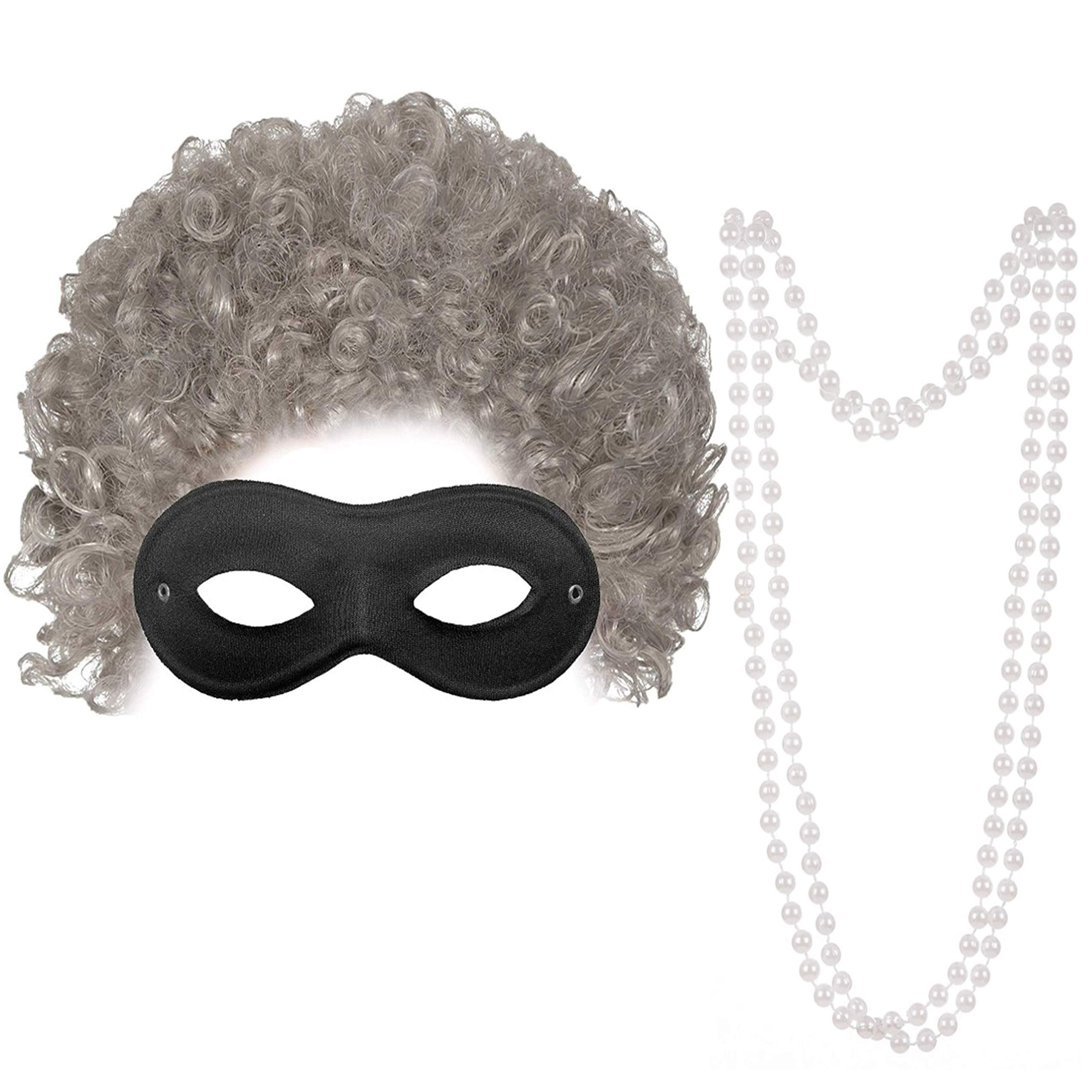 Granny Costume World Book Day Accessories - Burglar Old Lady Fancy Dress with Grey Granny Wig, Robber Eye Mask, Pearl Necklace Fancy Dress Set - Robber Grandma Costume Adults and Kids