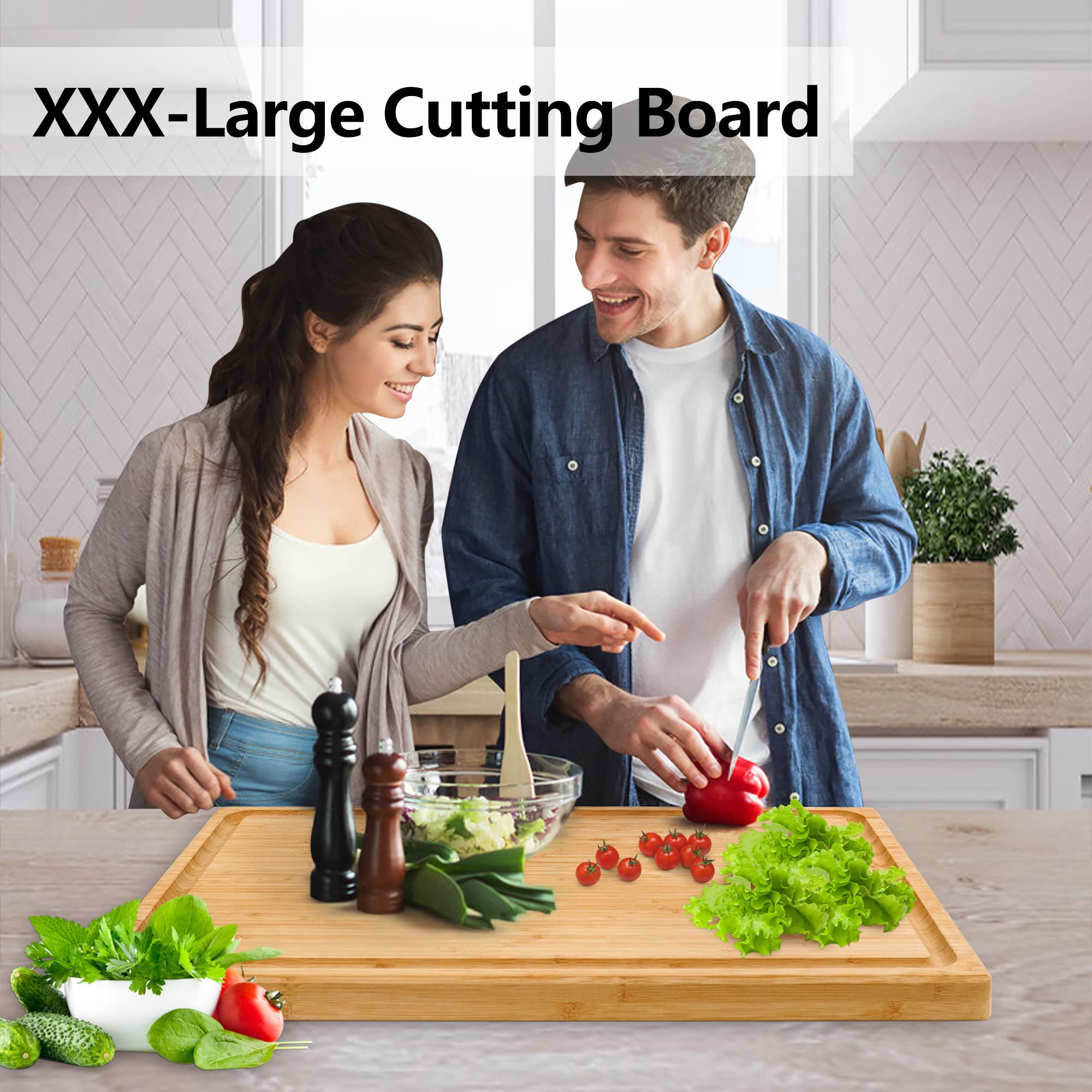 Utoplike Extra Large XXXL Bamboo Cutting Board 24 x16 Inch, Largest Wooden Butcher Block for Turkey, Meat, Vegetables, BBQ, Over the Sink Chopping Board with Handle and Juice Groove, Thickness 1.25
