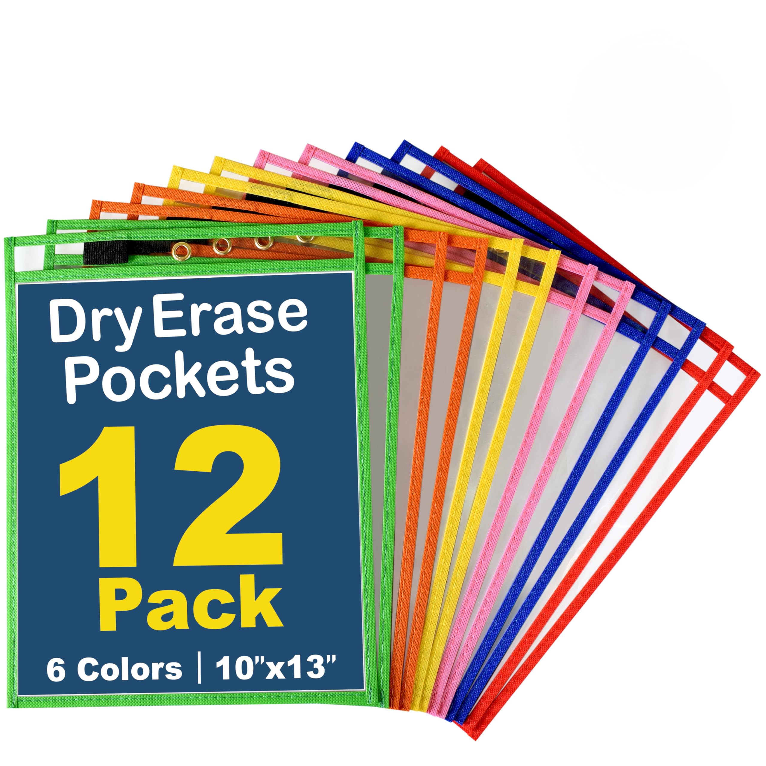 Photo 1 of BONBELA Dry Erase Pockets 12 Pack - 10 x 13 Reusable Dry Erase Pocket Sleeves for Work & School Worksheets - Heavy Duty Clear Pocket Sleeves - Quickly Wipe to a Flawless Clean (Multicolor)