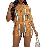 VOIKERDR Two Piece Shorts Sets for Women Colorblock Stripe Shirt and Shorts Summer Vacation Outfits Beachwear