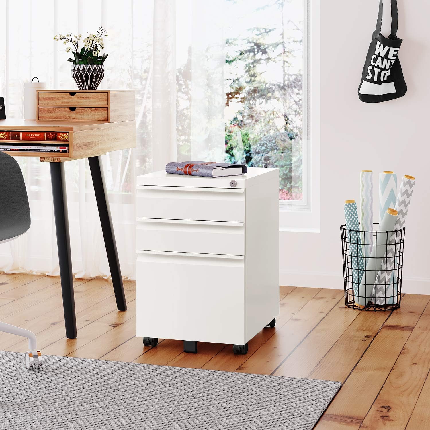 DEVAISE 3 Drawer Mobile File Cabinet with Lock, Metal Filing Cabinet Legal/Letter Size, Fully Assembled Except Wheels, White : Office Products