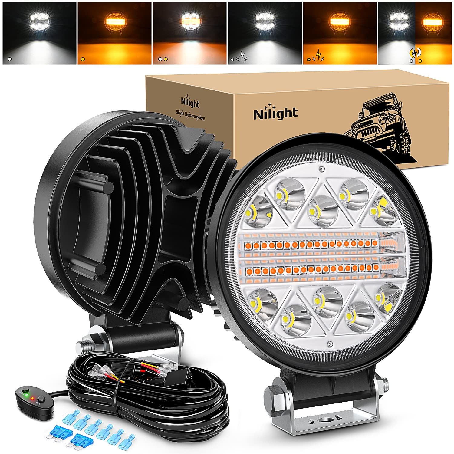 Nilight 2PCS 4.5 Inch 27W LED Light Bar Amber White Strobe 6 Modes Memory Function Off-Road Truck Car ATV SUV Cabin Boat with 16AWG Wiring Harness Kit-2 Leads, 2 Years Warranty