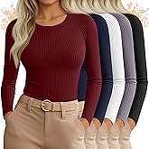 Sweetyweee 5 Pack Women's Thermal Long Sleeve Shirts Ribbed Knit Cotton Tops Crewneck Warm Base Layer Fitted Undershirts