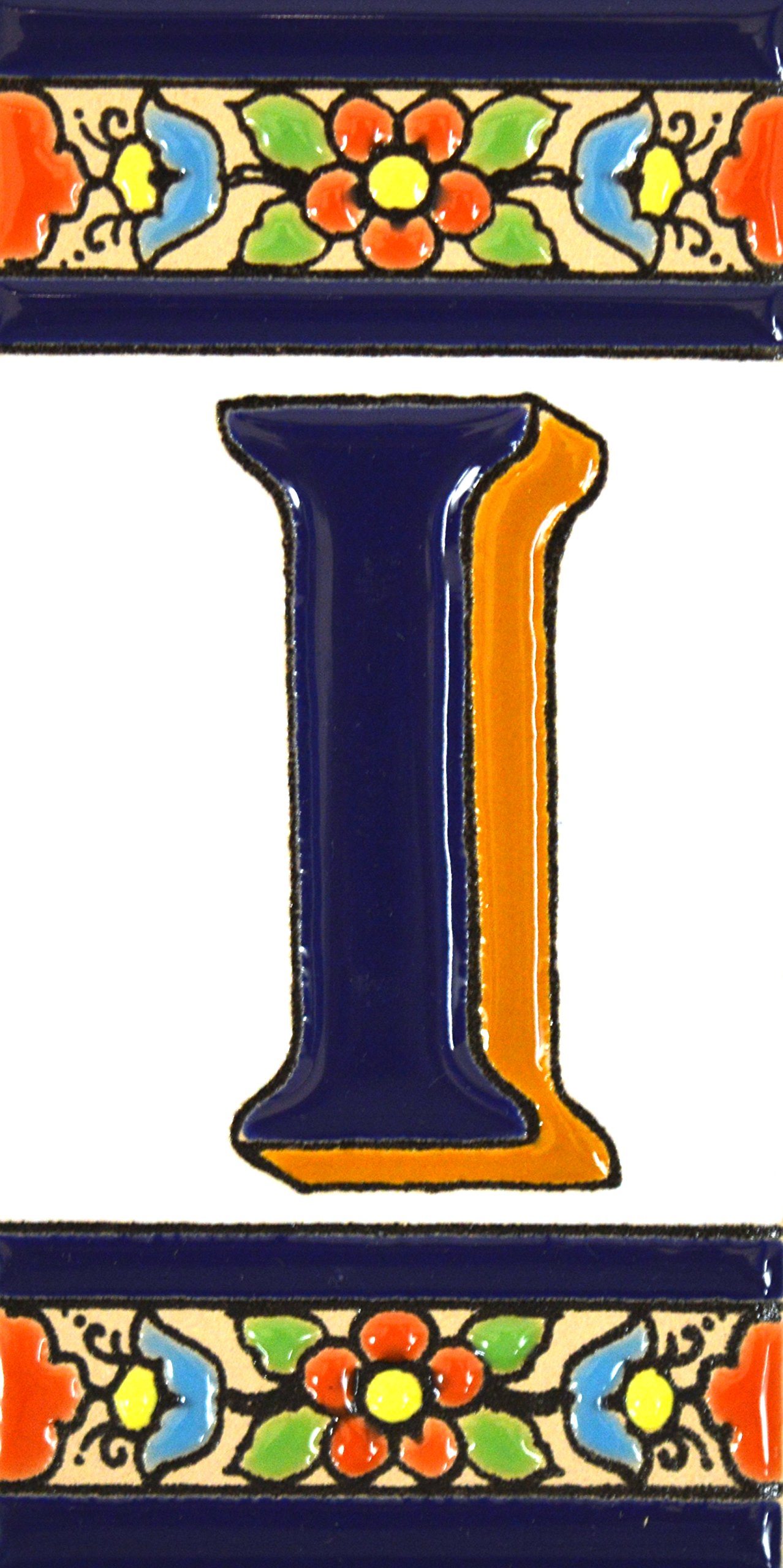 House letters 4 inch. Handpainted house letter tiles for signs, addresses and names. Address numbers for houses. House address numbers and letters. Design FLORES MEDIANO 4,29" x 2,13" (LETTER I) — image 1