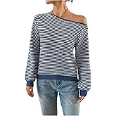 SweatyRocks Women's Off Shoulder Sweaters Long Sleeve Striped Pullover Sweater Fall Clothes
