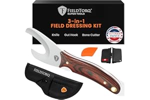 FieldTorq Field Dressing Kit | 3-in-1 Super Tool with Sheath & Sharpener | Skinning Knife for Hunting | Gut Hook | Deer Hunting Knife Set | Pakkawood