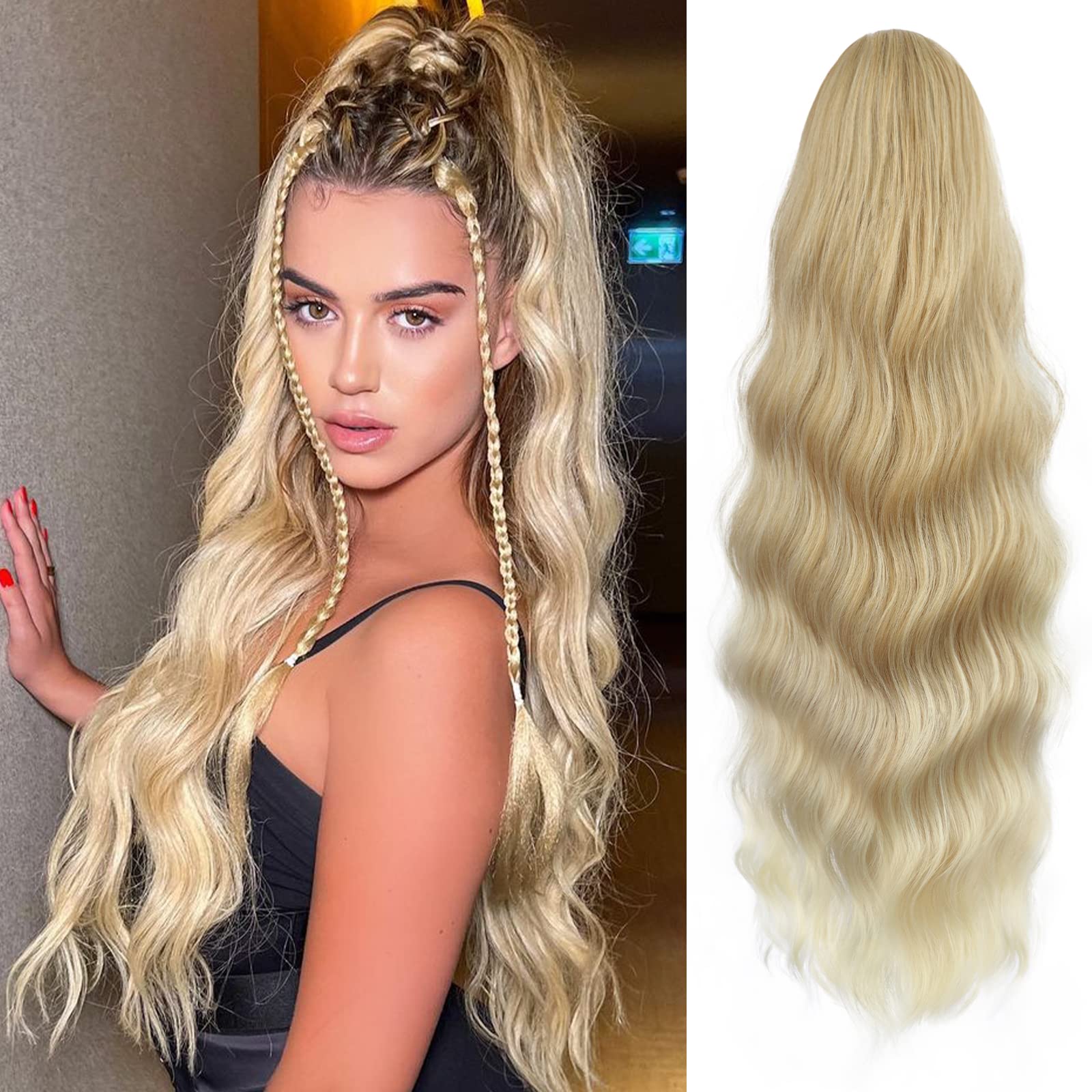 Photo 1 of FREEMEIGE Blonde Ponytail Extension Long Wavy Drawstring Ponytail Hair Extension Clip in Ponytail Extension for Women Synthetic Heat Resistant Ponytail Ombre Blonde Pony Tails Hair Extensions