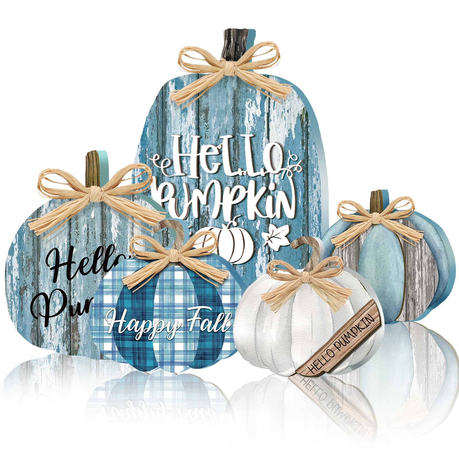 Photo 1 of 5 Pcs Fall Thanksgiving Decorations for Home Fall Wooden Pumpkin Tabletop Signs Thanksgiving Pumpkin Centerpiece Fall Tiered Tray Decoration for Thanksgiving(Blue)