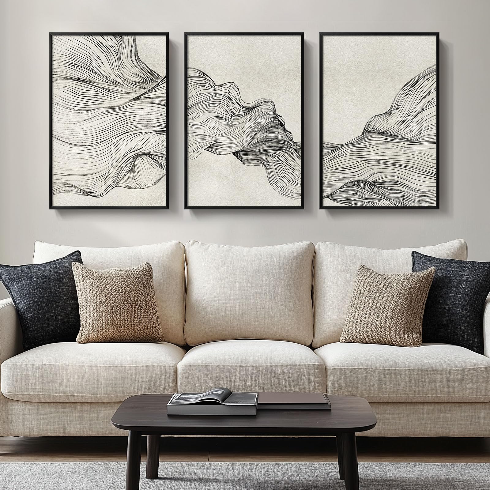 Large Framed Neutral Modern Abstract Wall Art, 3 Piece Black and Beige ...