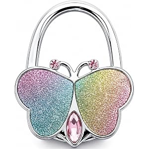 KUNHEHO Butterfly Purse Hook for Table, Foldable Purse Holder & Handbag Charm, Glitter Colorful Bag Hook for Table, Portable