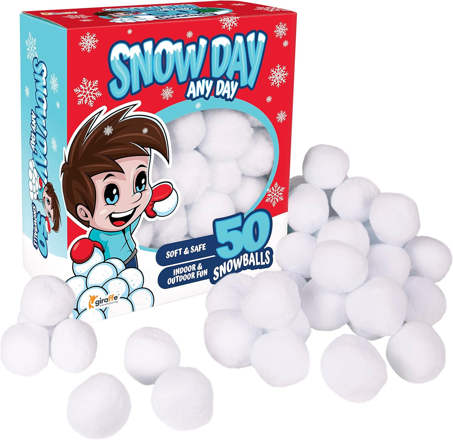 Artificial Snow - Giraffe 50 Pack Jumbo Fun Fake Snowball for Kids 2.5 Inches - Artificial Snowballs Bulk for Indoor and Outdoor - Snow Ball for Decorations, Winter Toy Games Fights - Fun Christmas Party Activities