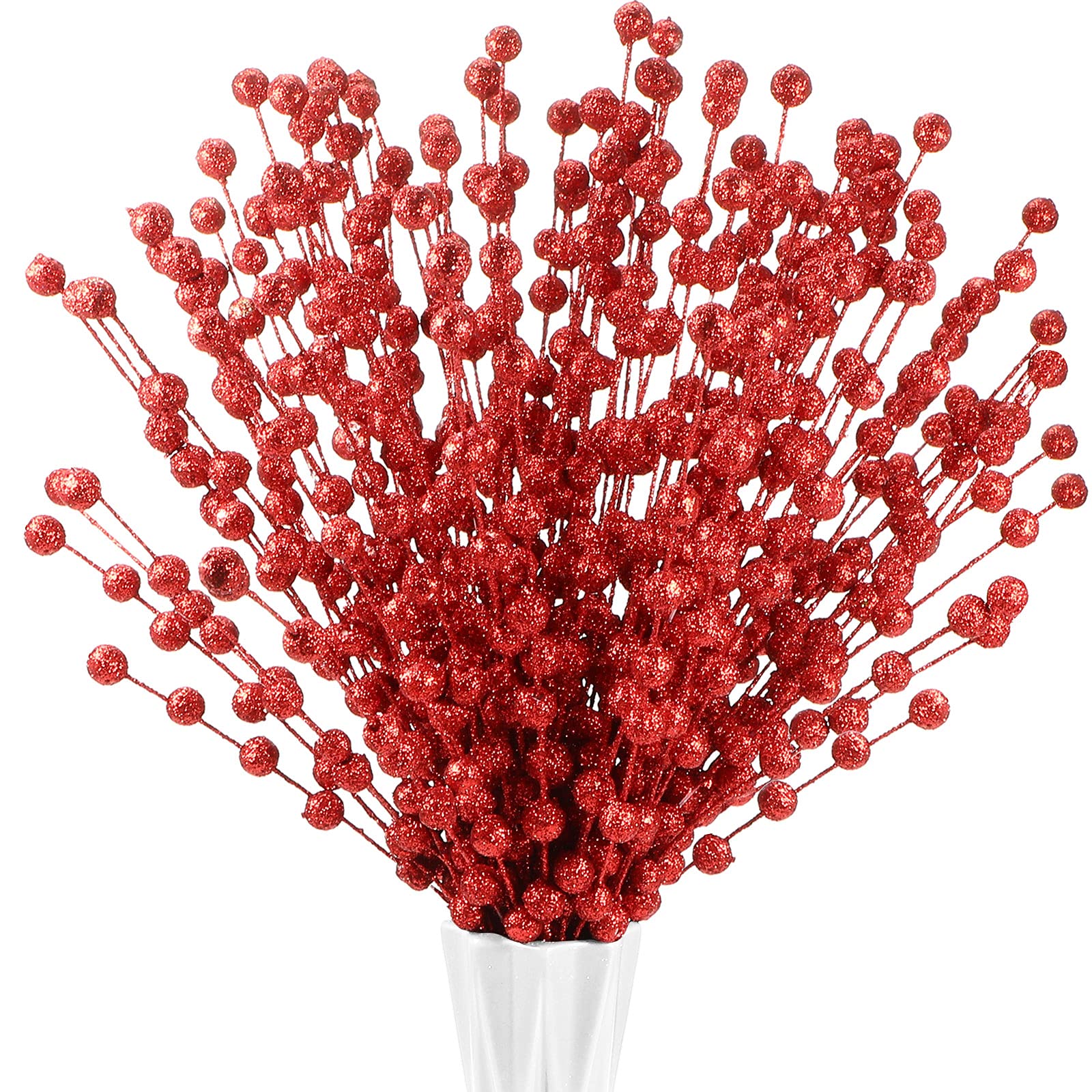 Syhood 200 Pcs Glitter Berry Stems, 13.8 Inches Christmas Berry Picks Holly Branches for Christmas Tree Decorations, Holiday Ornaments Home Decor and DIY Crafts(Red)