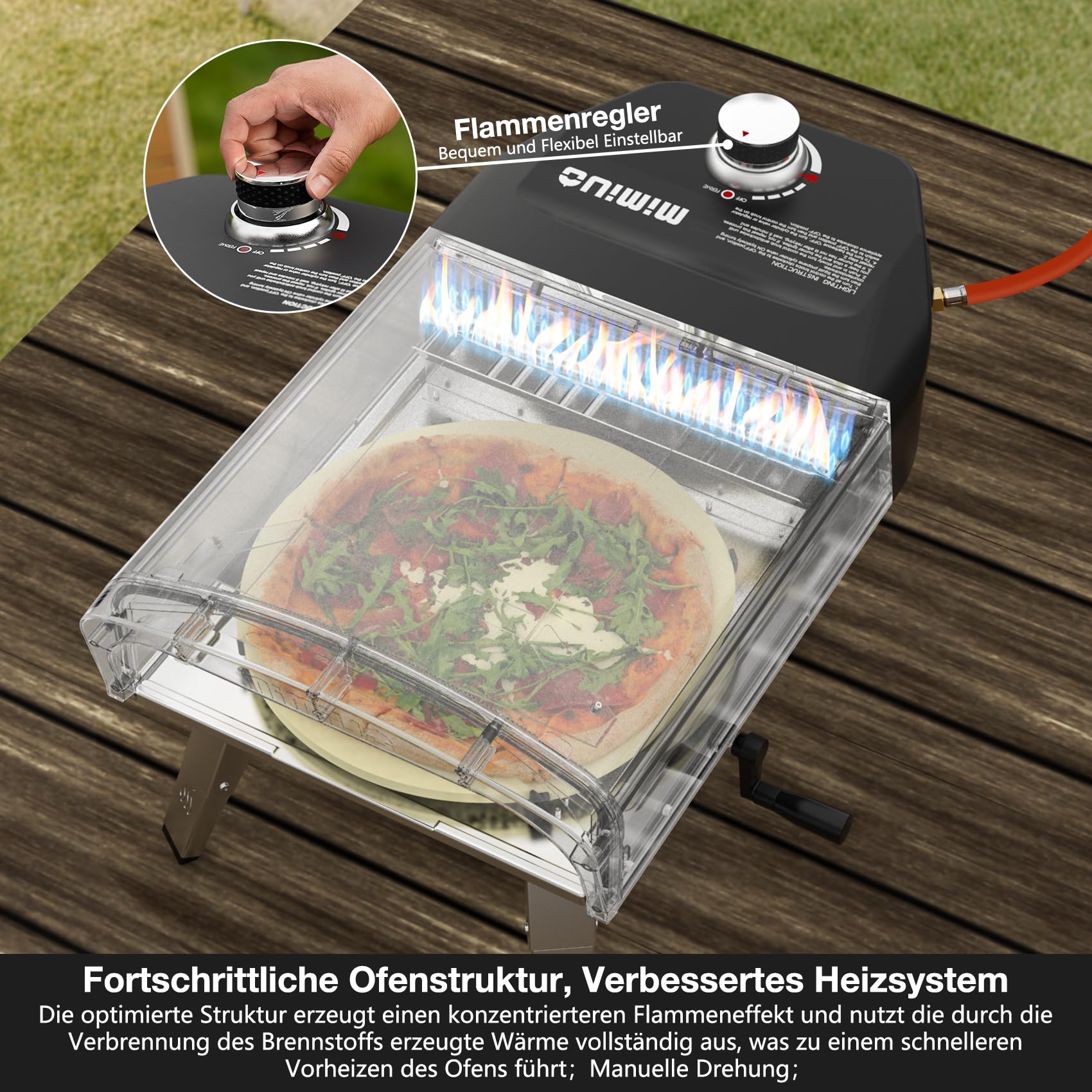 Mimiuo Gas Pizzaofen mit Manuellem Drehfunktion und Gasdruckregler | Tragbarer Gasofen für Garten, outdoor | Enthält 33cm Pizzastein, Pizzaschaufel, Pizza-Abdeckung | Gas Pizza Oven 4