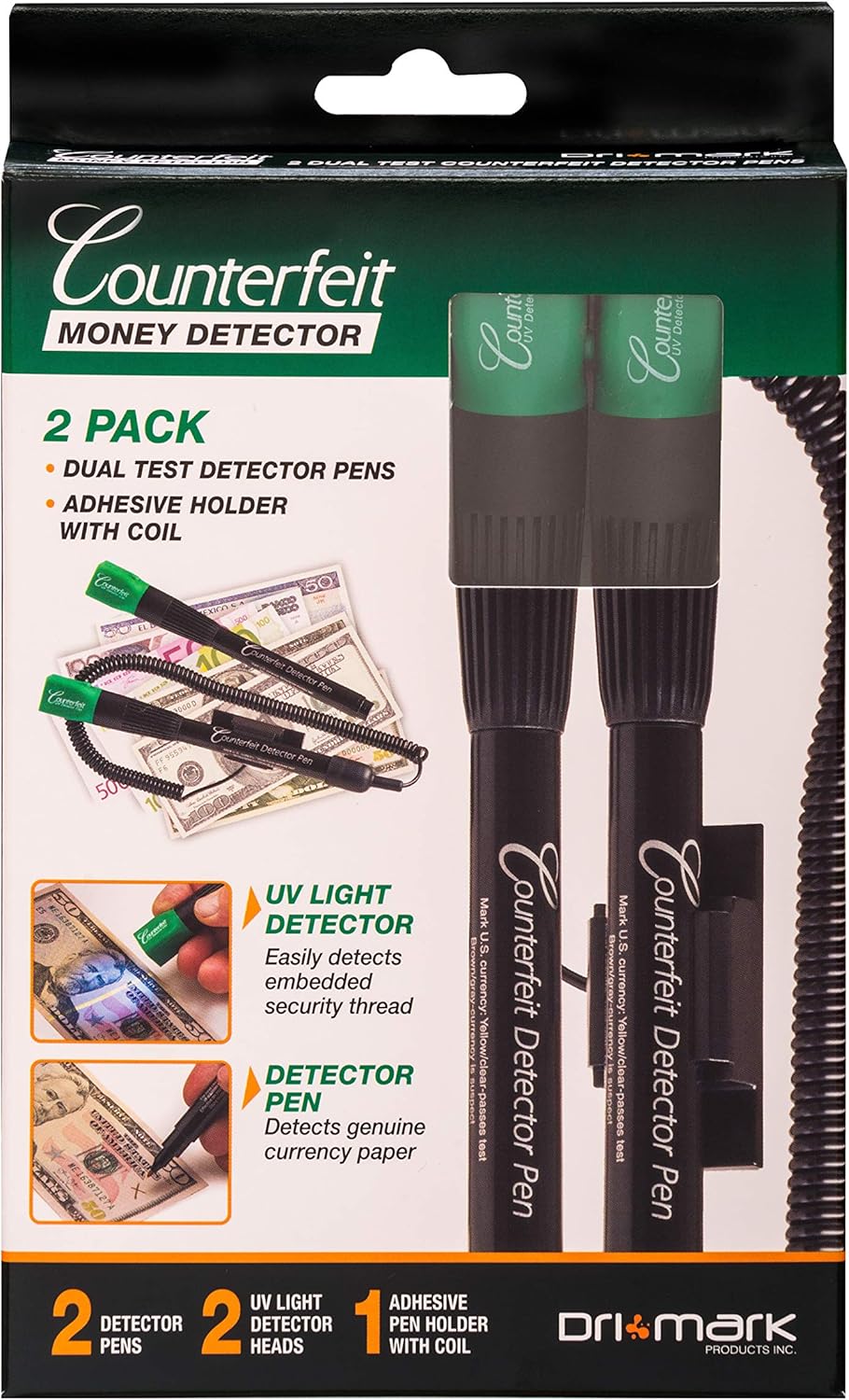 Dri Mark Dual Test - The Original Smart Money Pen with UV LED Cap Counterfeit Bill Detector System - 4 Dual Detectors UV Light/Pen Combinations Plus 2 Adhesive Holders with Coil : Office Products