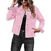luvamia Denim Jacket for Women Distressed Jean Jackets Button Up Vintage Western Trucker Jacket Frayed Hem Pockets