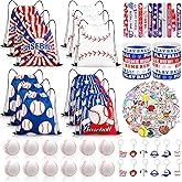 Yeepestmi 110Pcs Baseball Party Favors Drawstring Bags Baseball Goodie Bag with Mini Ball, Wristband, Slap bracelets, Keychains, Stickers for Baseball Party Supplies