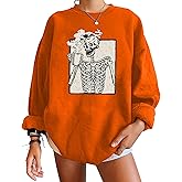 Meladyan womens Halloween Skull Graphic Print Fleece Oversized Sweatshirt Crewneck Long Sleeve Drop Shoulder Pullover, Pumpkin Orange, Small