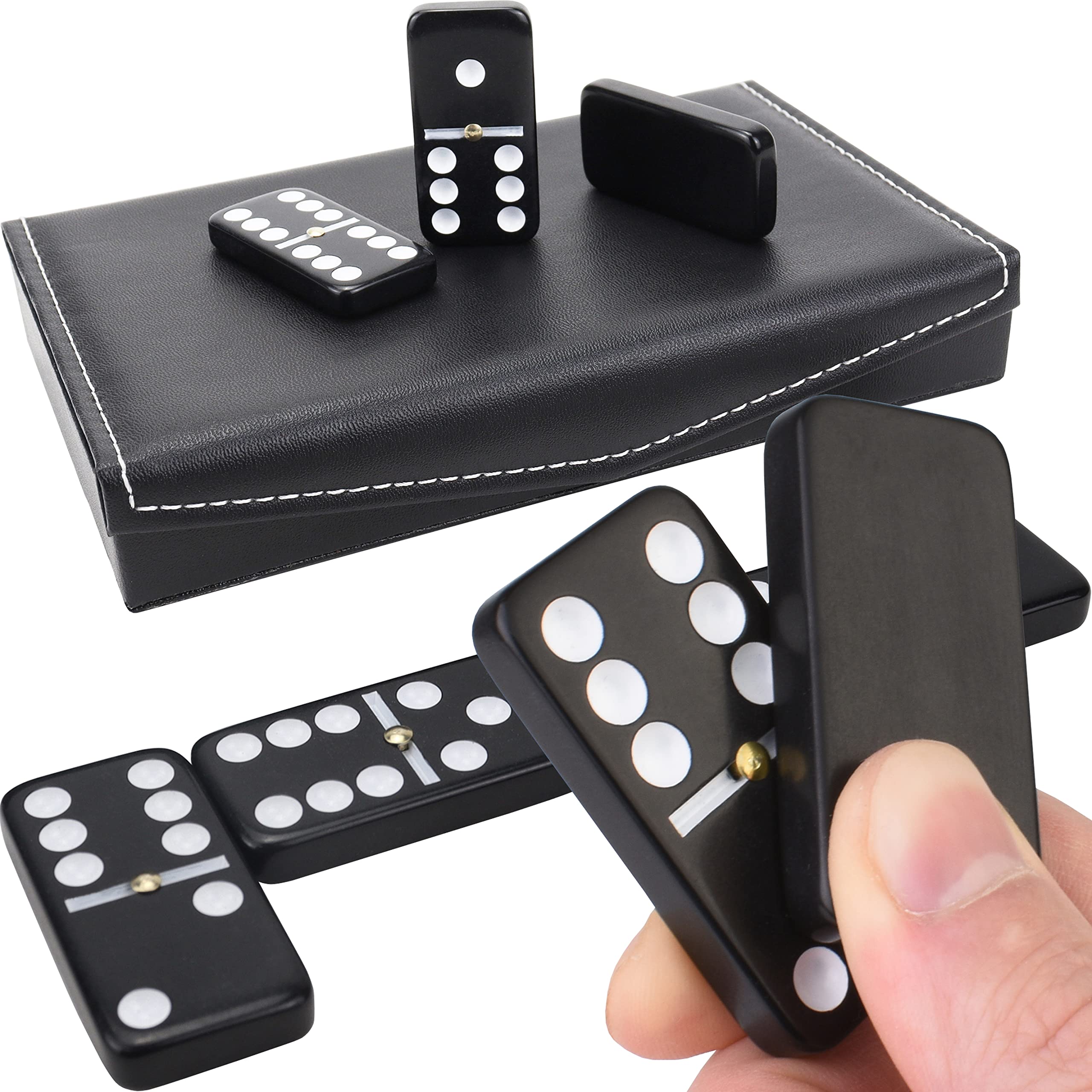 Photo 1 of Dominos Set for Adults and Kids - Dominoes - Domino Classic Board Games, Christmas Games – Double Six Standard Dominos Set 28 Tiles with Black PU Leather Case - Juegos de Mesa