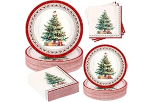 GIFTPIONEERS 200Pcs Christmas Paper Plates and Napkins, Christmas Tree Plates and Napkins, Xmas Party Decorations Supplies Disposable Holiday Dinnerware Set, Serves 50