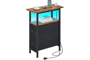 TRIFEBLE End Table with Charging Station, Narrow Side Table with 2 Fabric Drawers, Skinny Nightstand with LED Light, Slim Bedside Table for Bedroom, Living Room, Small Spaces, Rustic Brown and Black
