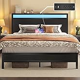 Fluest Queen Bed Frame with Headboard &amp; Footboard, Bed Frame with Built-in Charging Station &amp; LED Light, Storage Shelf, Noise-Free, No Box Spring Needed, Easy Assembly, Classic Black
