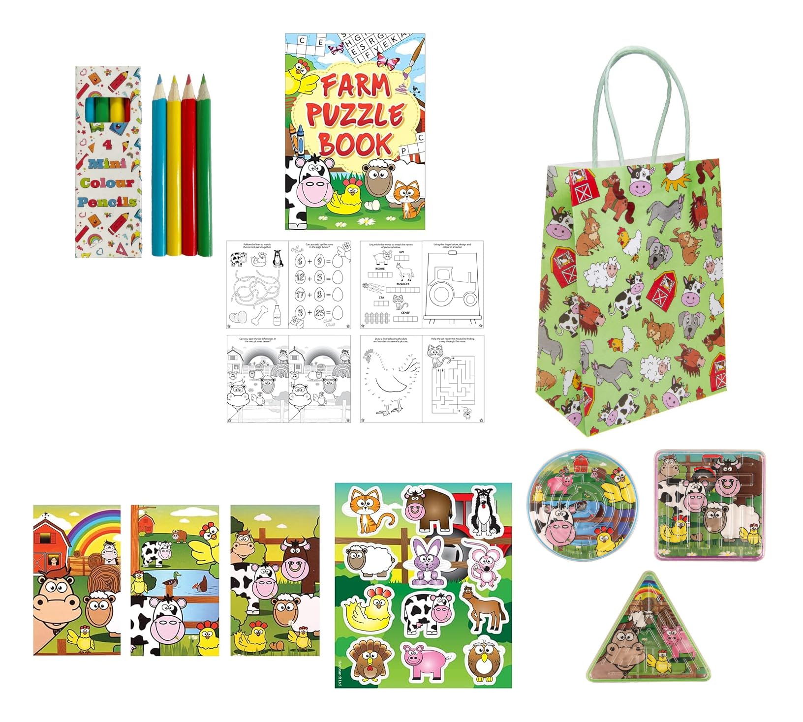 Anila's Complete Farm Animals Themed 10 Party Bag Fillers & Favours – Pencils, Colouring Books, Notebooks, Pinball Mazes, Stickers & Party Bags. (Ideal for Children Aged 3-8)