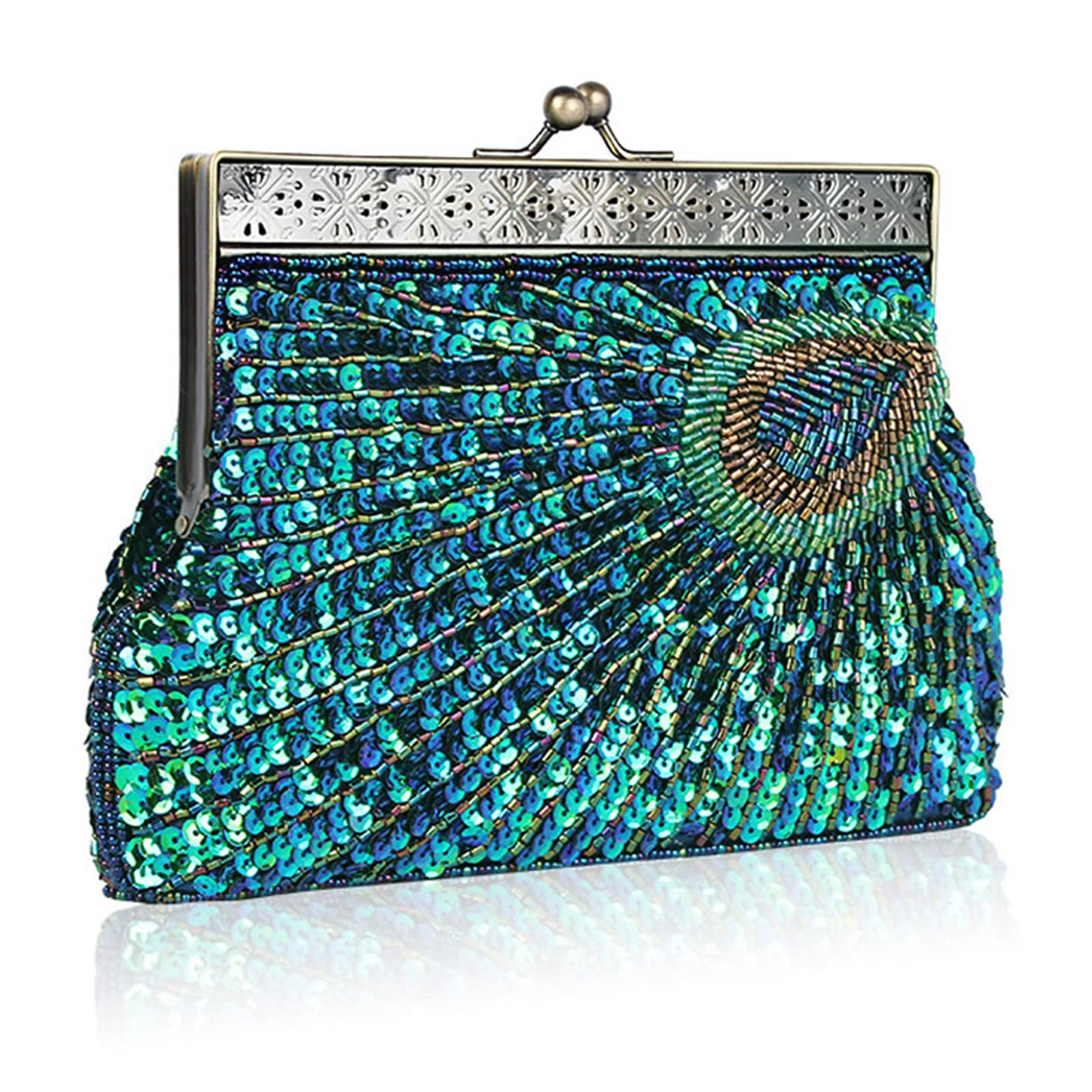 YYW Vintage Clutch Sequin Teal Peacock Unusual Antique Beaded Sequin Evening Handbag Women's Fashion Designer Elegant Purse (Peacock blue)
