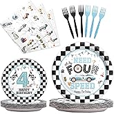 Fiesec Need Four Speed Birthday Party Supplies for Boys – 98 PCs Racing Car 4th Birthday Decorations with Dinner Plates, Dessert Plates, Forks, Napkins