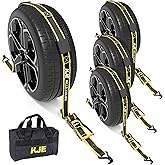 KJE Reflective Car Tie Down Straps for Trailers 4 Pack- Premium Tire Ratchet Strap with (3) J Hooks (3) Rubber Blocks - 2" x 10' 10,000LBS Break Strength - Wheel Straps for Hauling UTV, SUV, Any Cars