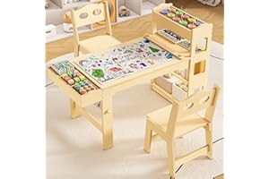 Kids Art Table and Chairs Set with Paper Roll and Storage, Wooden Craft Table with 2 Chairs, Kids Desk with Storage for Drawi