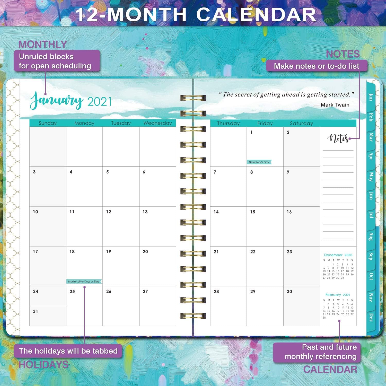 2021 Planner - Weekly & Monthly Planner with Tabs, 6.3" x 8.4", Jan. - Dec. 2021, Hardcover with Back Pocket + Thick Paper + Banded, Twin-Wire Binding - Oil Painting : Office Products