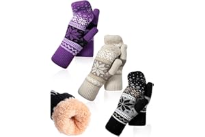 Vicenpal 3 Pairs Women Winter Mittens Snowflake Mitten Fleece Lining Cozy Wool Glove Cold Weather Thick Warm Knitted