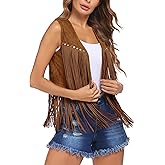 HOTLOOX Womens Fringe Vest 70s Hippie Clothes Sleeveless Faux Suede Tassel Cowgirl Western Outfits S-XXL