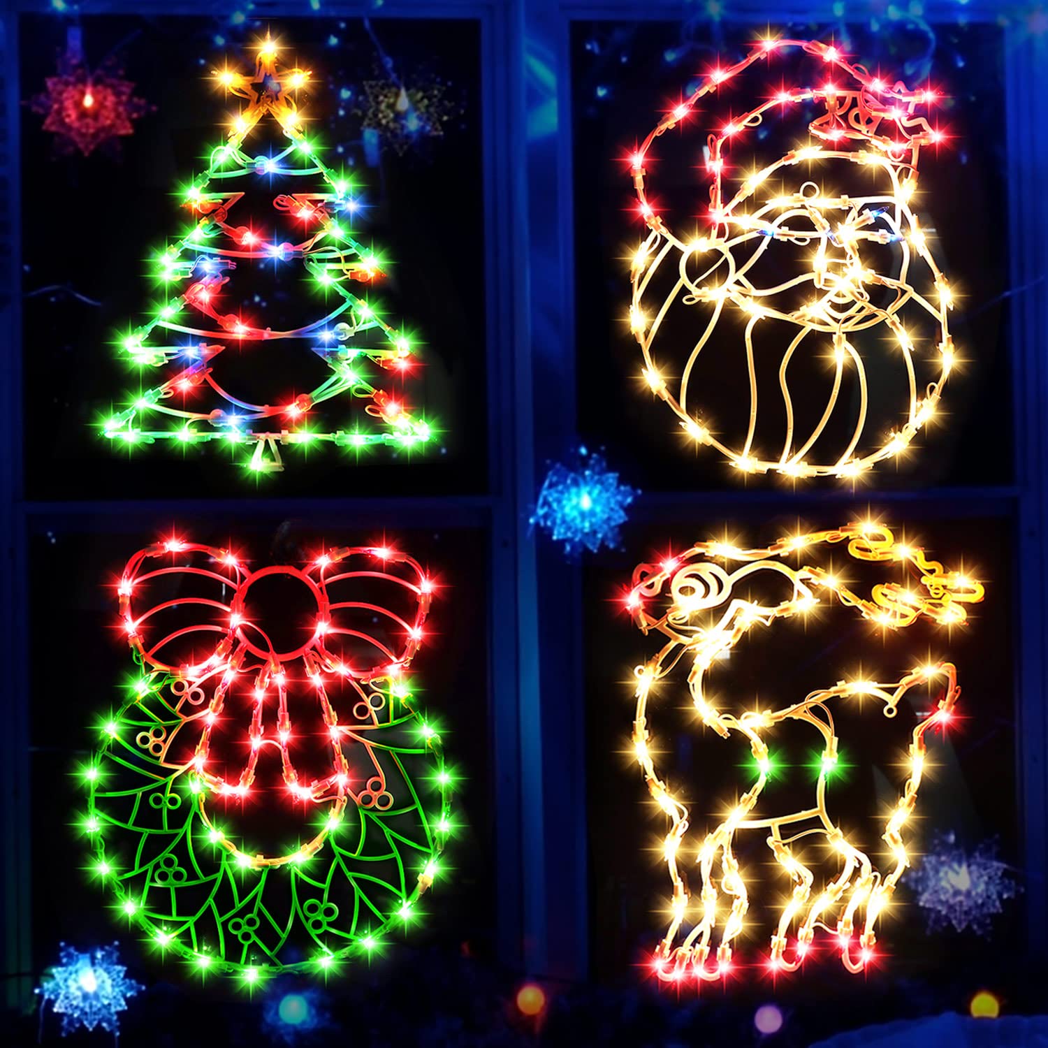 Photo 1 of 16 Inch Christmas Window Silhouette Lights Decorations, 4 Pack Waterproof Window Hanging Lights Elk, Christmas Tree, Santa Claus, Wreaths for Party, Home Indoor Outdoor Wall - 200 Mini Bulbs