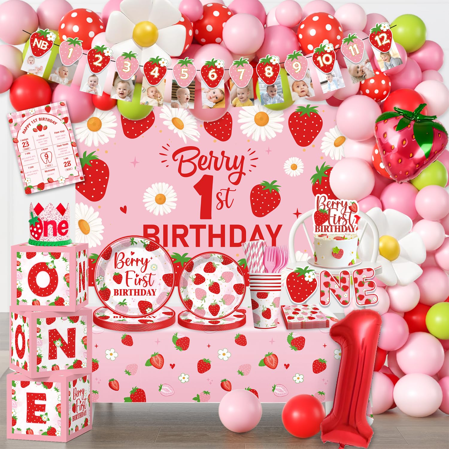 Photo 1 of Berry First Birthday Decor, Strawberry First Birthday Decorations with Balloons Backdrop Cake Topper Plates and Napkins Strawberry Decorations Girl 1st Party Decorations