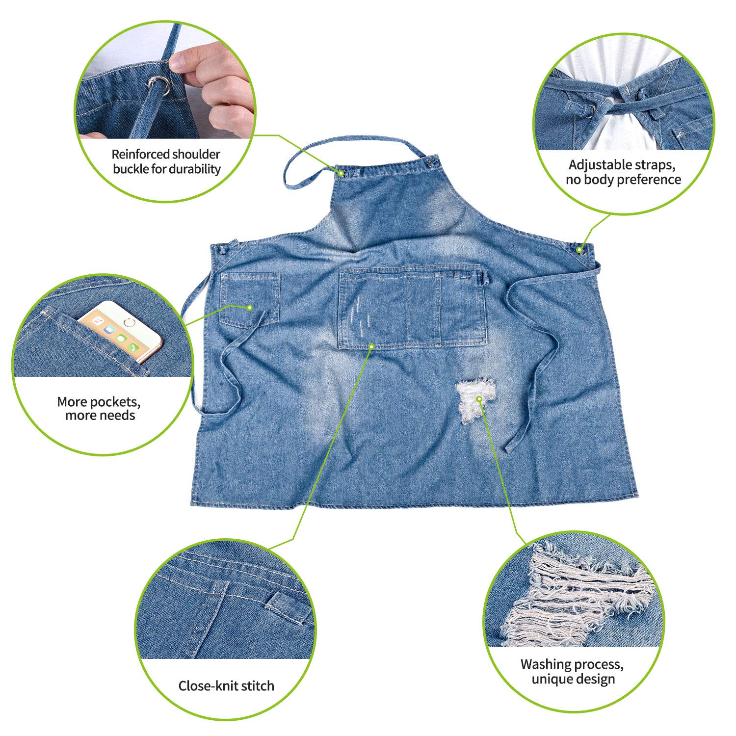 icaYre - Jeans Bib Aprons, 100% Cotton Apron with Pockets for Men and Women