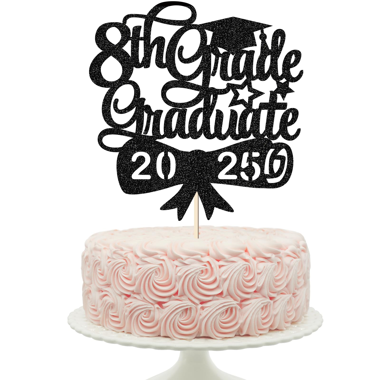 Photo 1 of 8th Grade Graduation Cake Topper Black Glitter 8th Graduation Decorations 2025 Grad Cake Decor for Eight Grade Congrads Party Decorations 2025