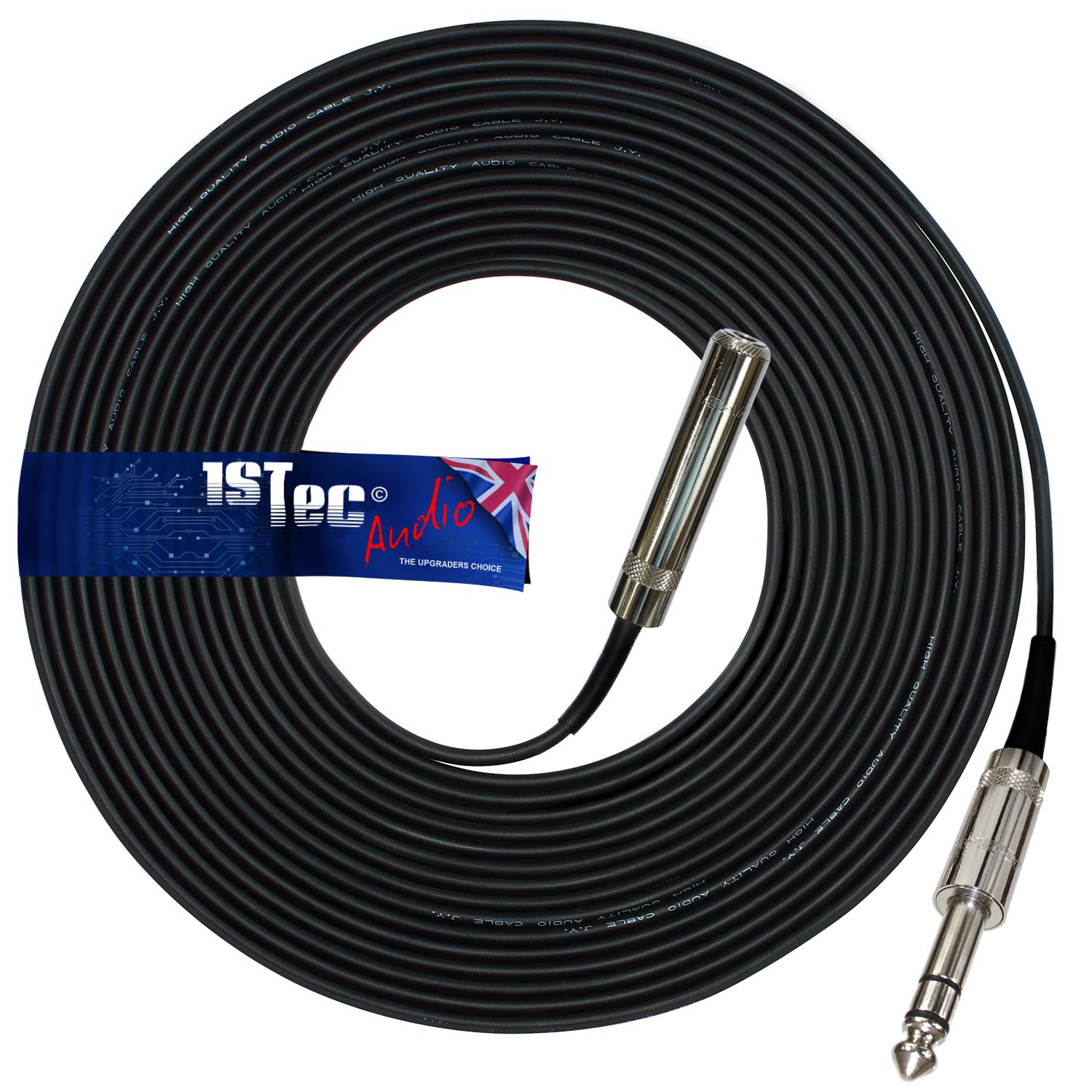 1STec 20m Long Stereo Rean Neutrik Professional 6.35mm or ¼ Inch Big Jack Plug to Socket Headphone Extension Lead with Male to Female Metal Connectors Screened cable with Strain Relief (20 Metre)