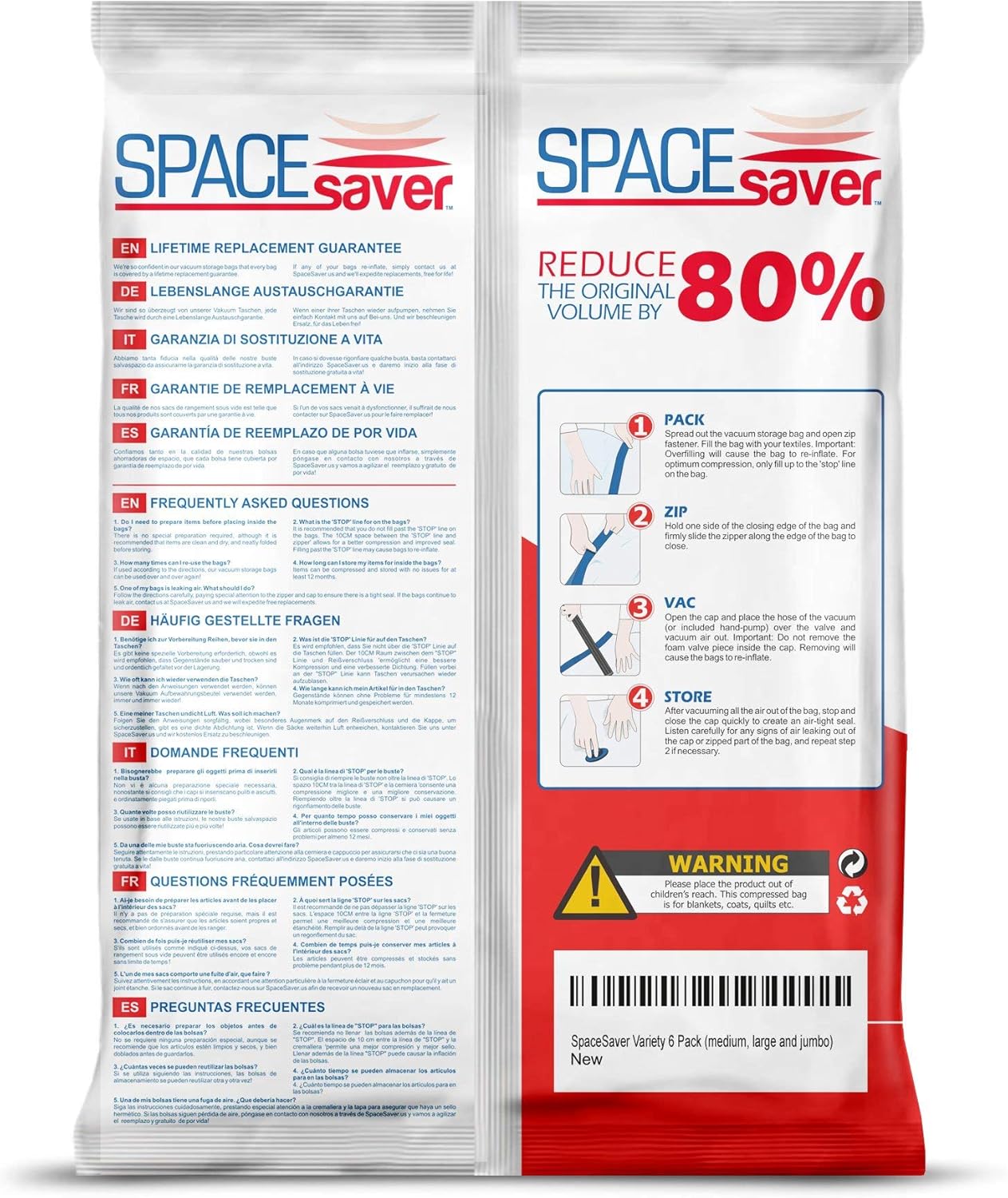 Spacesaver Premium Vacuum Storage Bags 6 Pack (2 x Medium, 2 x Large, 2 x Jumbo) 80% More Storage! Hand-Pump for Travel! Double-Zip Seal and Triple Seal Turbo-Valve for Max Space Saving! (6 Pack): Home & Kitchen