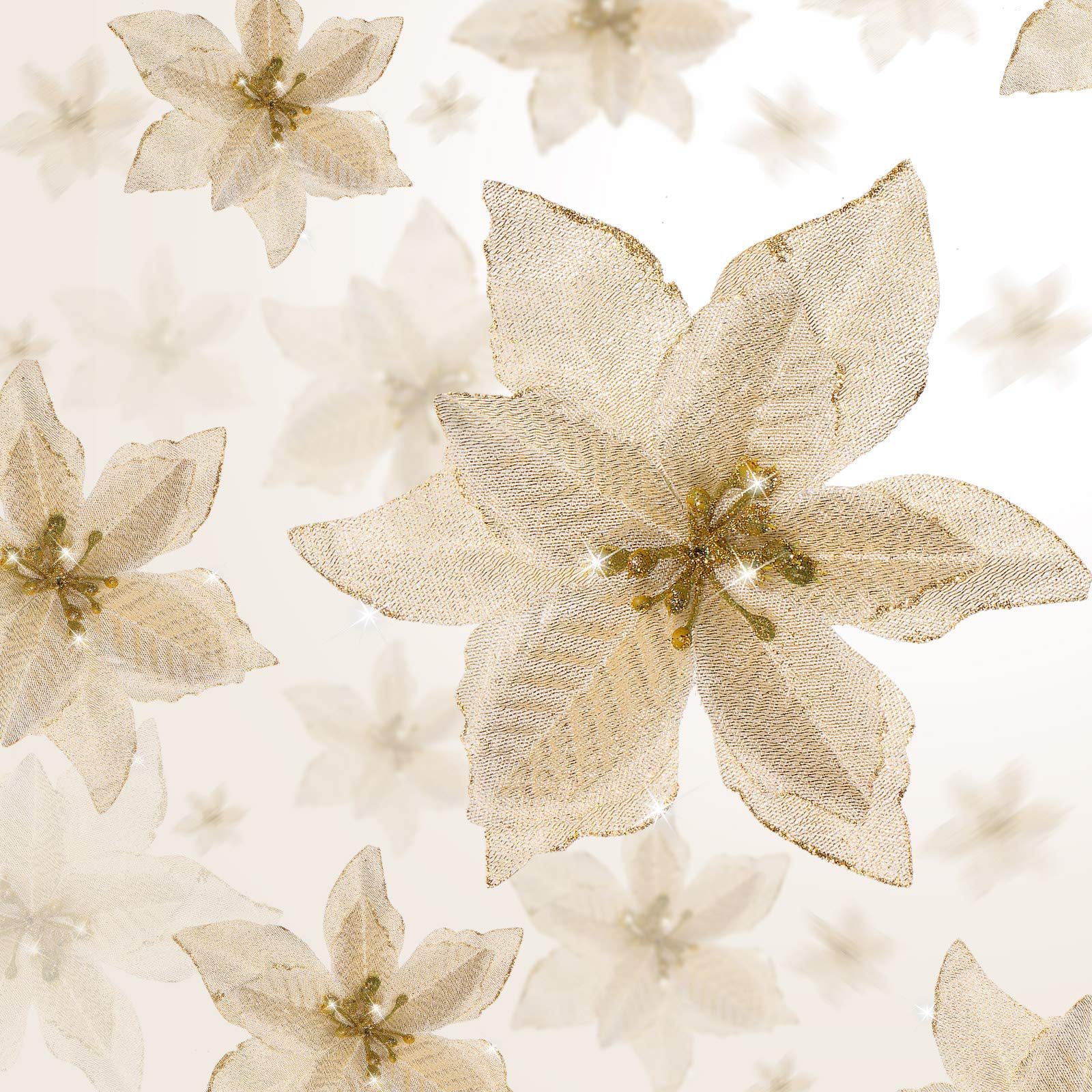 36 Pieces 3 Size Christmas Poinsettia Christmas Tree Flowers Glitter Faux Flowers Decoration Artificial Poinsettia Ornaments For Christmas New Year Home Outdoor Decoration (Gold, 4/6/8.7 Inches)