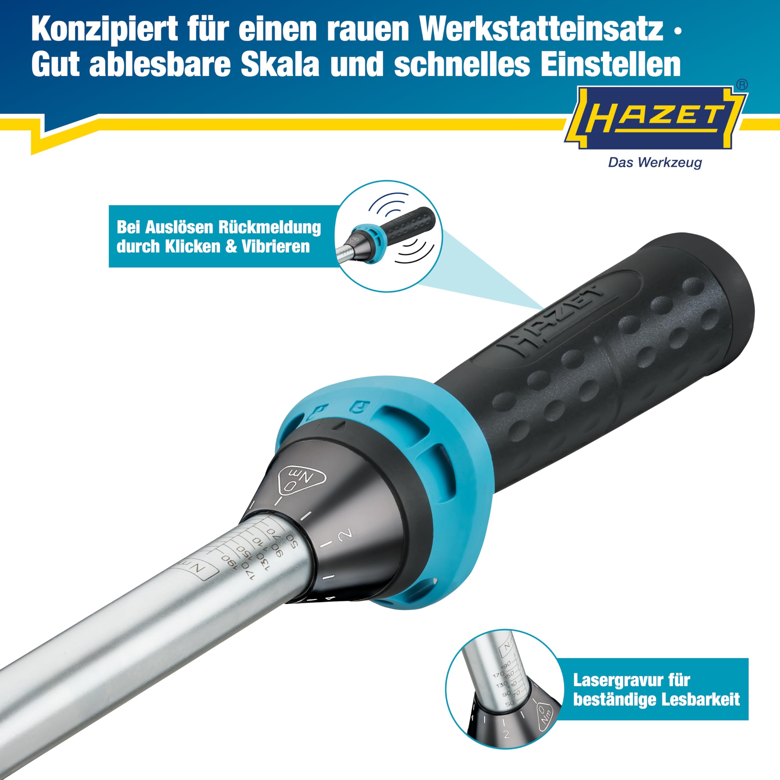 Hazet Drehmomentschlüssel 5122-2CT I Abtrieb: Vierkant 12,5 mm, 1/2 Zoll, Toleranz: 4%, 32 Zähne Betätigungswinkel 11,25 Grad I anwenderfreundliche Umschaltknarre für Auto und Fahrrad I 519mm 4