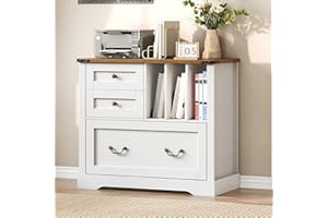 RALGEND Farmhouse File Cabinet for Home Office, Lateral Filing Cabinet with 3 Drawers & Folder Organizer, Office Storage Cabinet for A4 Letter Files, Printer Stand with Storage Cabinet, White & Walnut